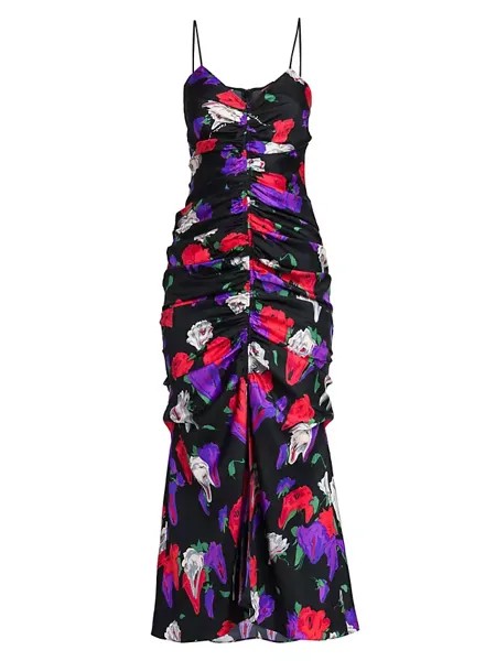Шелковое платье-миди со сборками и цветочным принтом Moschino, черный