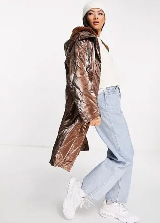 Двухслойное стеганое пальто коричневого цвета с отделкой из искусственного меха Jayley-Коричневый цвет