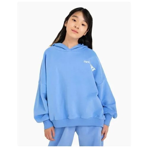 Голубое худи oversize с принтом Thank you для девочки Gloria Jeans, размер 10-12л/146-152