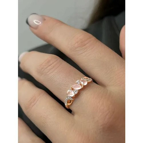 Кольцо Trade Jewelry из серебра 925 пробы (покрытие золото 585) с розовым агатом и белыми фианитами