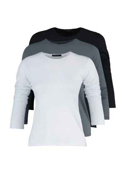 Комплект из трех базовых трикотажных футболок с круглым вырезом бело-серо-черного цвета из 100 % хлопка Trendyol, разноцветный
