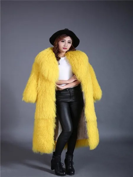 Женское меховое пальто из искусственной кожи, пальто из натуральной монгольской овечьей шерсти с большим воротником, длина 100 см, под заказ