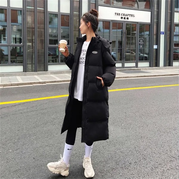 Черная длинная хлопковая куртка для женщин, пуховик средней длины, Корейская версия, Утепленная зимняя до колена, 2022
