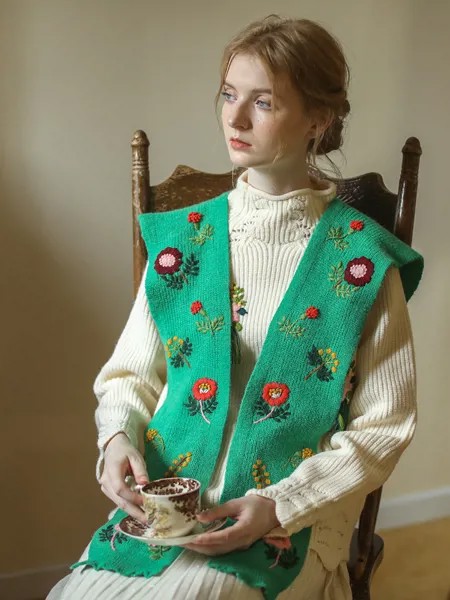 Женский винтажный зеленый шарф/накидка LYNETTE'S с оригинальным дизайном в китайском стиле, французская вышивка с цветами, в стиле девушки из ле...
