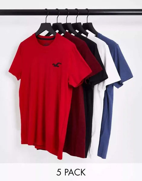 Комплект из 5 футболок с логотипом Hollister черного/синего/красного/белого цвета