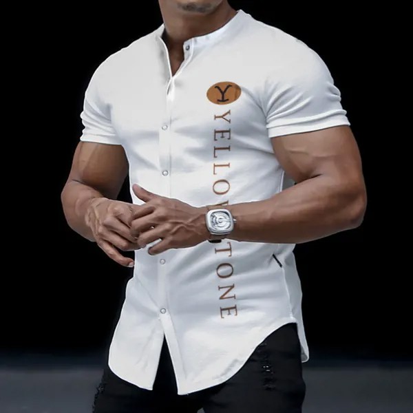 Мужская рубашка в стиле вестерн Йеллоустоун Slim Fit с коротким рукавом Повседневная мода с коротким рукавом Кардиган без воротника