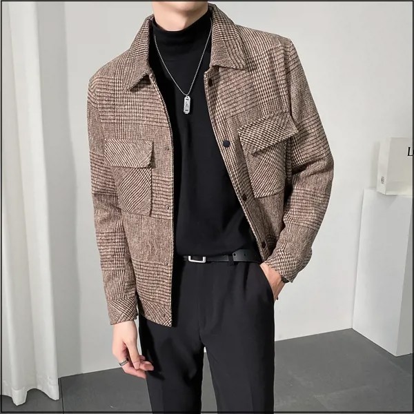 Куртка мужская шерстяная приталенная, повседневная короткая ветровка, деловой плащ, уличная одежда, осень 2022