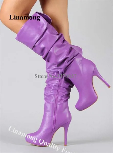 Женские Плиссированные сапоги до колена, фиолетовые, розовые, белые сапоги на высоком каблуке, зимняя обувь