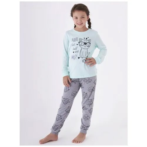 Пижама детская, с принтом, цвет ментоловый/серый меланж, 128