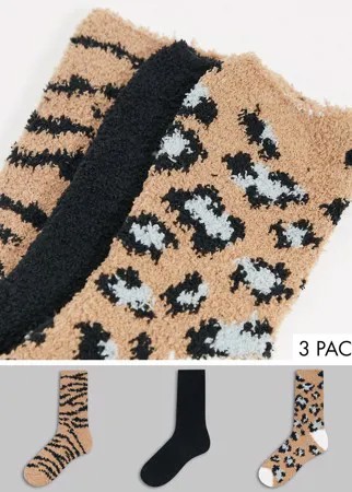 Набор из 3 пар пушистых носков для дома черного и бежевого цвета со звериным принтом Loungeable-Коричневый цвет