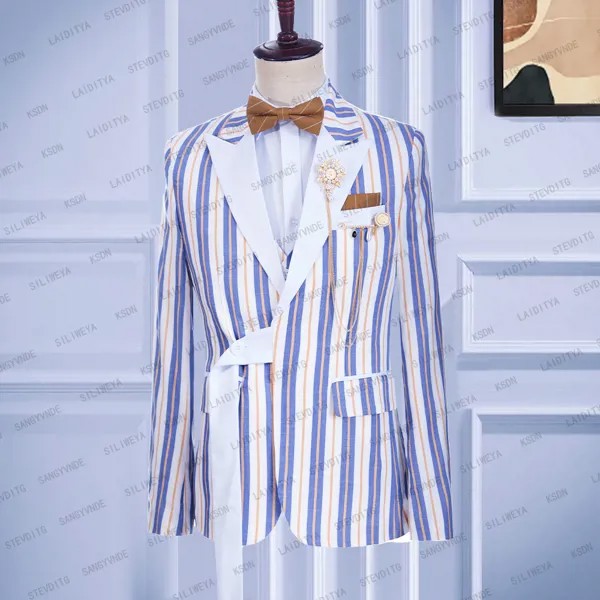 Новинка 2023, модный мужской льняной костюм с запахом, синие оранжевые полосатые смокинги для жениха, Пляжная Повседневная Деловая Свадебная куртка на заказ, блейзеры, пальто