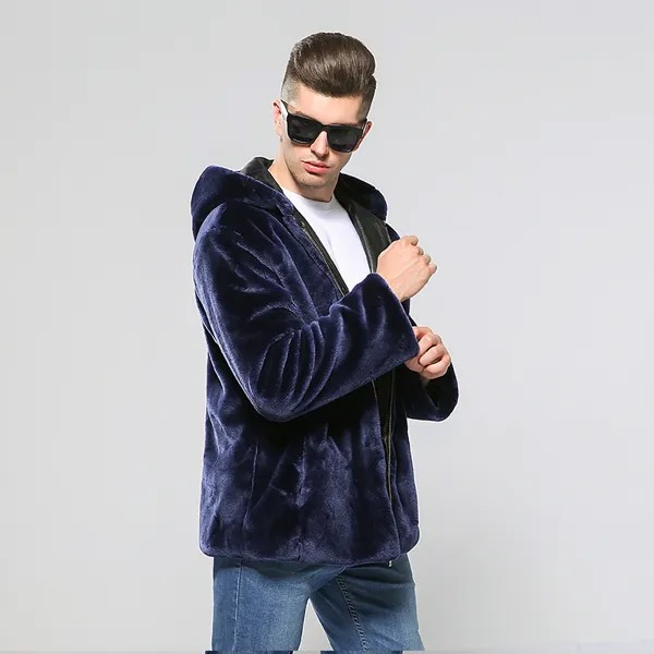 Мужское темно-синее пальто из искусственного меха норки, пушистое теплое пальто, мужская куртка с капюшоном, толстая искусственная норка, з...