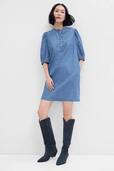 Джинсовое мини-платье с пышными рукавами Gap, синий