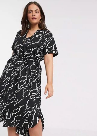 Черное платье-рубашка миди с поясом и абстрактным принтом Vero Moda Curve-Мульти