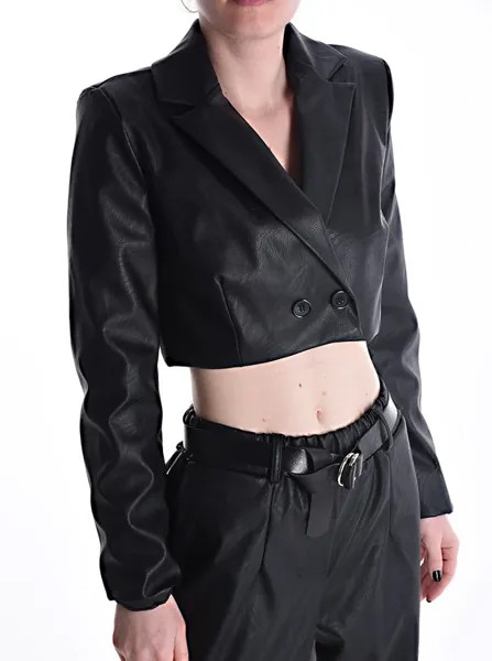 Мини-пиджак из искусственной кожи с пуговицами, черный