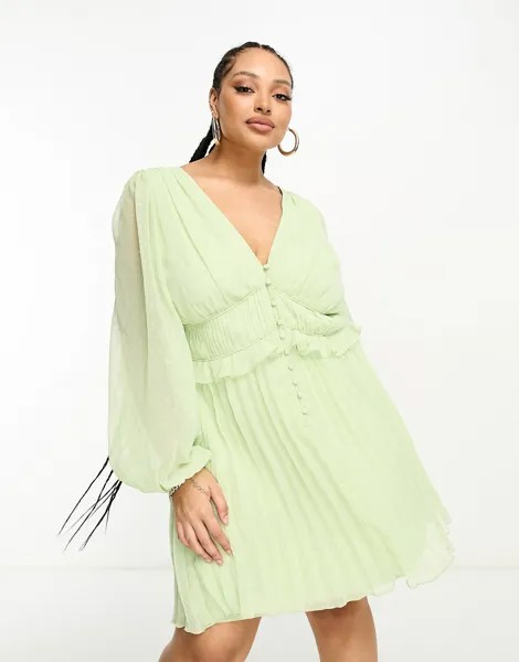 Яблочно-зеленое плиссированное мини-платье с эффектом металлик ASOS DESIGN Curve ASOS Curve