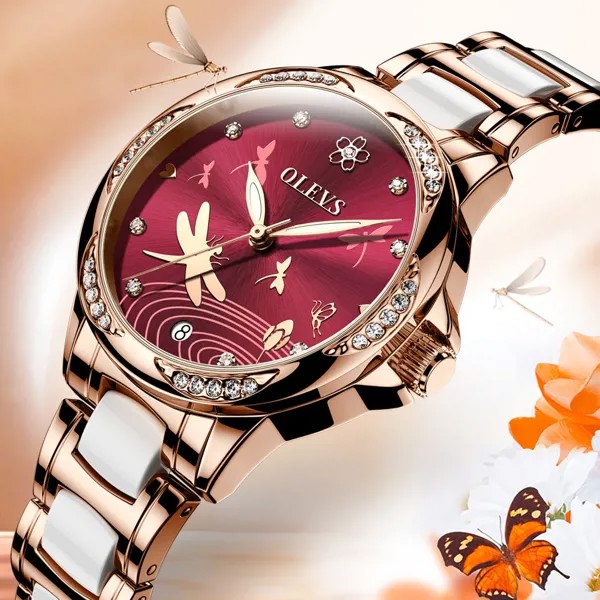 Женские часы OLEVS с керамическим платьем, автоматические механические простые водонепроницаемые светящиеся маленькие женские наручные часы со стразами, 2020