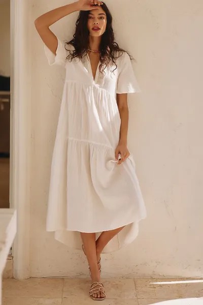 Платье Anthropologie Kallie Flowy Maxi с V-образным вырезом, бежевый