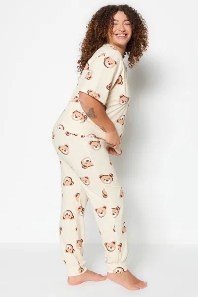 Пижамный комплект больших размеров - Ecru - Животный принт Trendyol, экрю