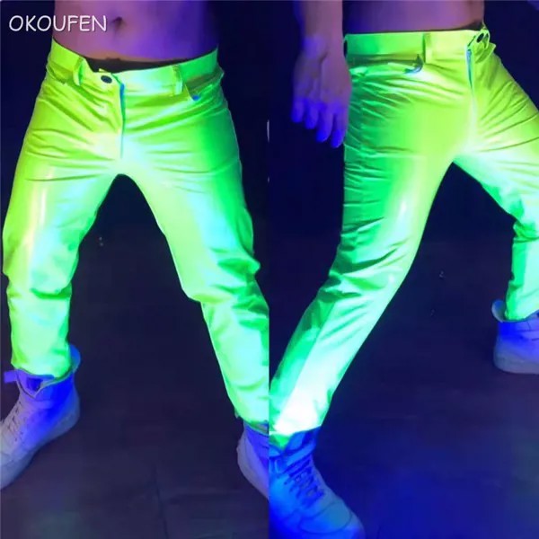 Модные мужские брюки из лакированной кожи, флуоресцентные зеленые Стрейчевые кожаные брюки, сексуальные брюки для ночного клуба, бара, танц...