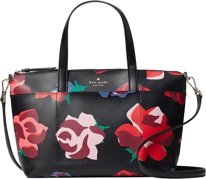 НОВАЯ сумка-портфель Kate Spade из натуральной кожи черного и красного цвета с цветочным принтом через плечо