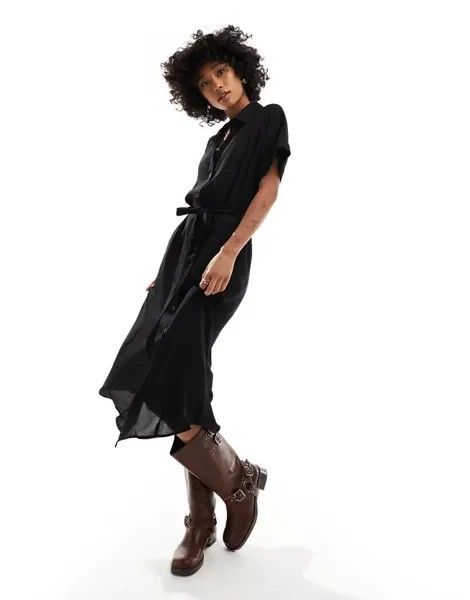 Черное платье-рубашка мидакси с поясом Monki