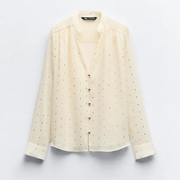 Блузка Zara Dotted Mesh With Foil Detail, светло-бежевый