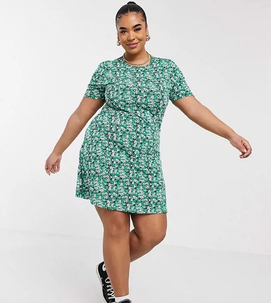 Зеленое чайное платье мини с цветочным принтом ASOS DESIGN Curve-Зеленый цвет