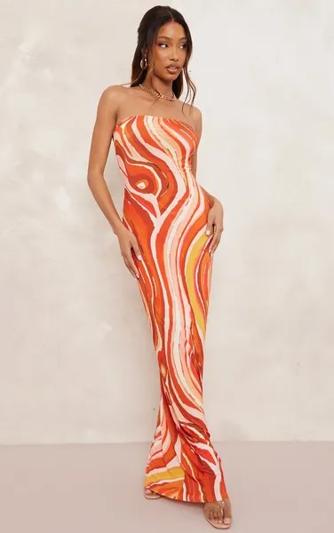 PrettyLittleThing Облегающее платье-бандо с оранжевым принтом и завитками