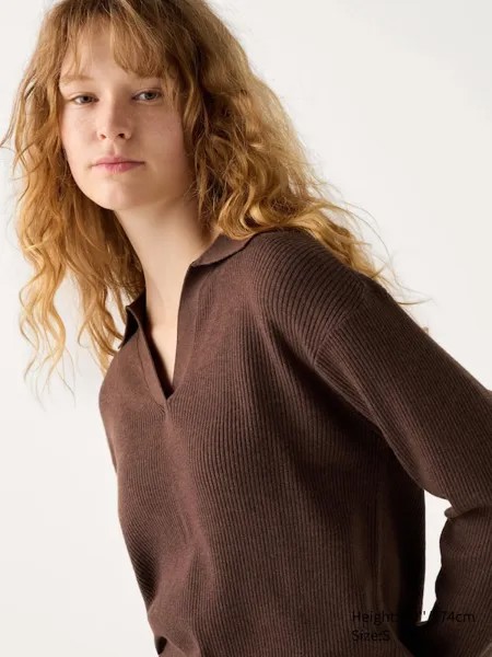 Стирающийся трикотажный джемпер поло в рубчик Uniqlo, коричневый