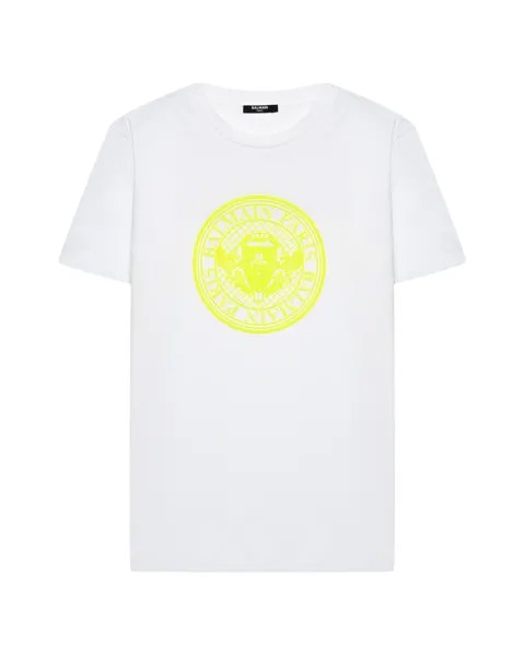 Футболка с желтым лого, белая Balmain