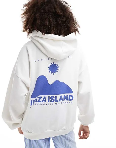 Pull&Bear – Белый>худи оверсайз с графикой>с надписью Ibiza=