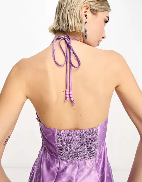 Пурпурное жаккардовое платье миди с воротником-халтер и цветочным принтом COLLUSION