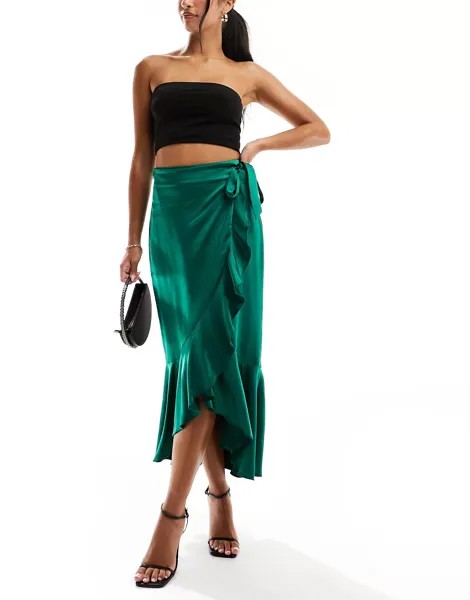 Юбка миди-макси Flounce London Satin Wrap, зеленый