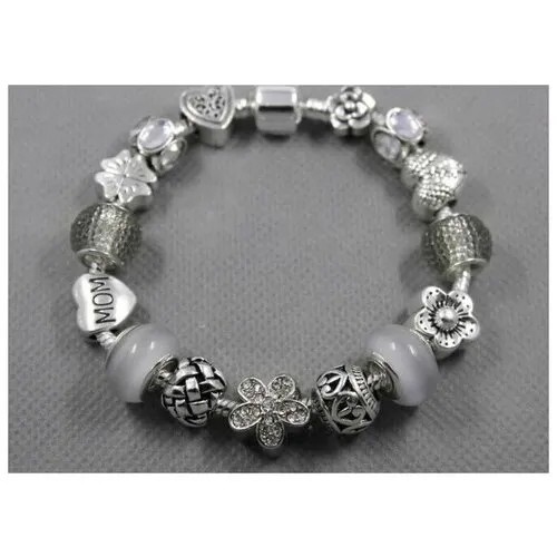 Браслет-цепочка Handinsilver ( Посеребриручку ) Браслет с шармами на основе из бижутерной стали, муранское стекло, стразы, стекло, 1 шт., размер 18 см, серый
