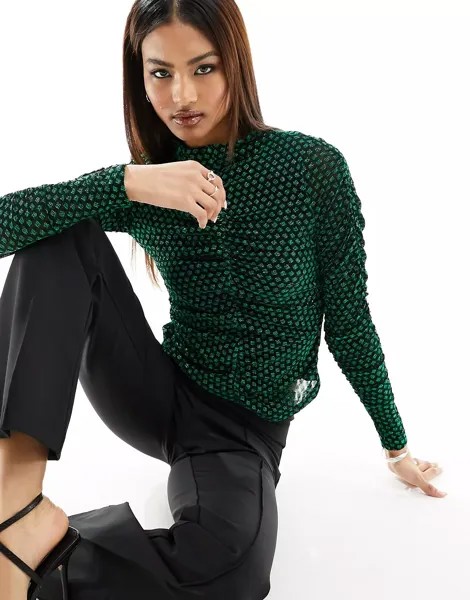 Лонгслив Y.A.S High Neck Glitter Mesh, зеленый