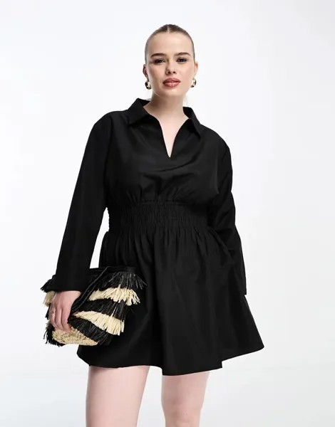 Черное платье-рубашка из поплина с присборенной талией Threadbare Plus