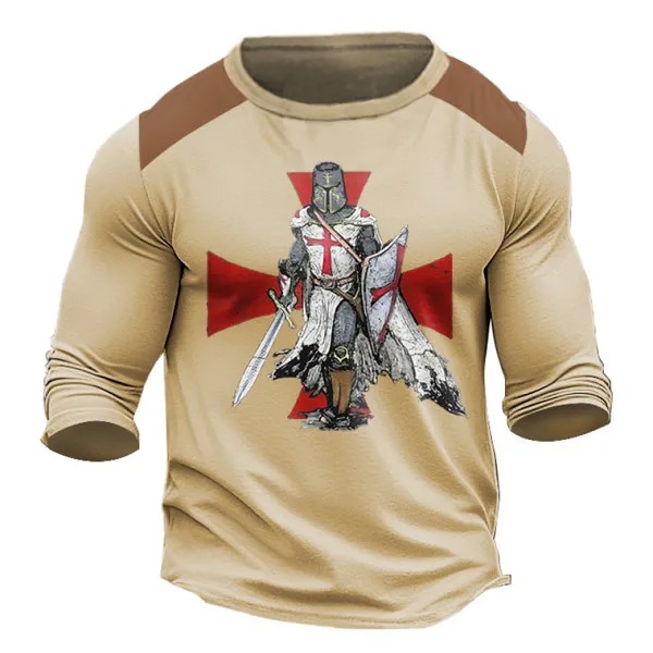 Мужская футболка с длинным рукавом Vintage Templar Cross Colorblock На открытом воздухе Повседневные Топы Цвет хаки