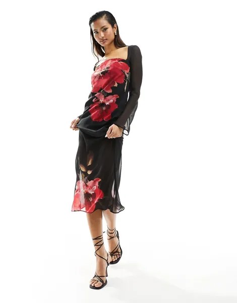 Платье миди Asos Design Chiffon With Bolero Sleeves In Placement Print, черный/красный