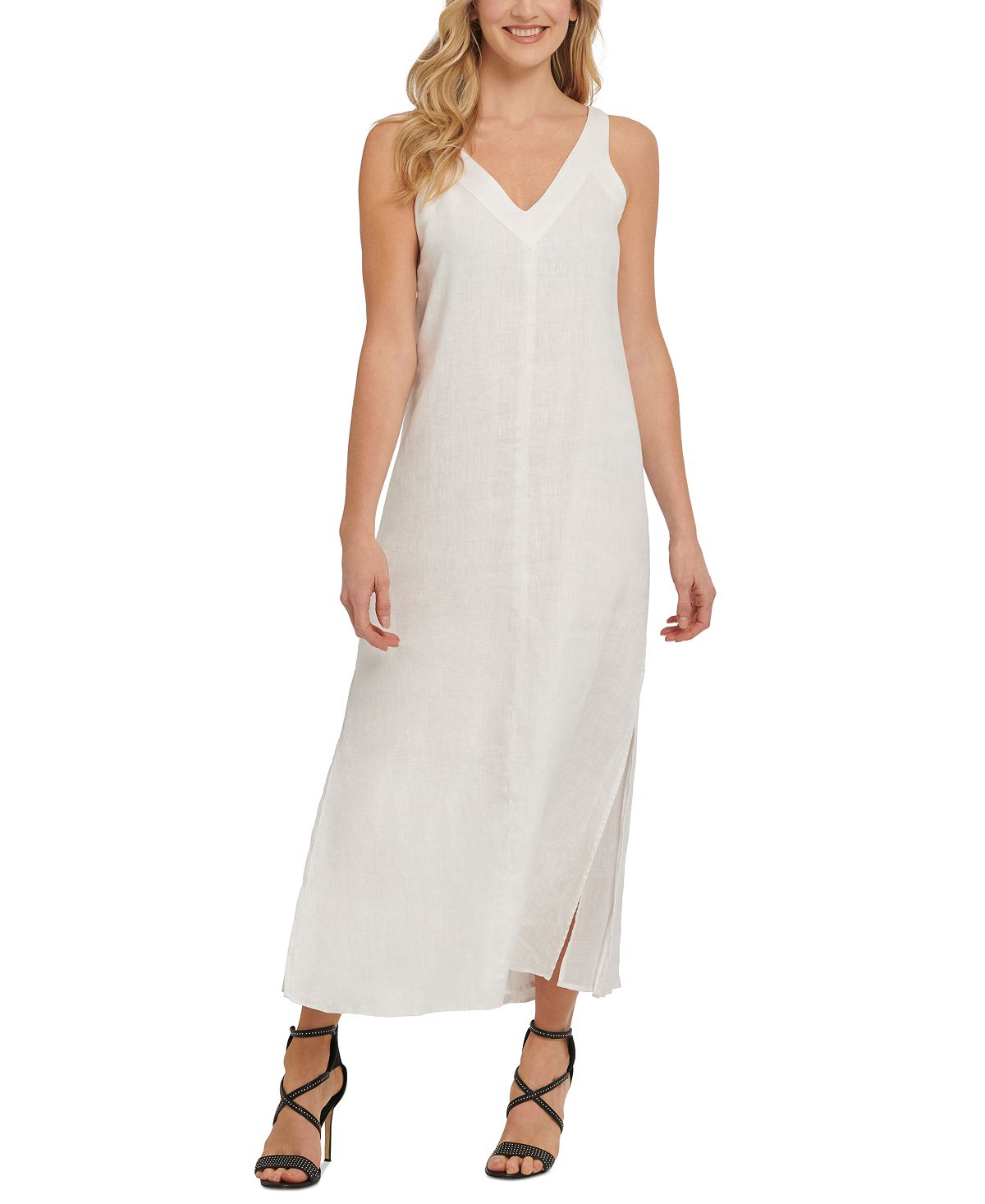 Льняное макси-платье с v-образным вырезом DKNY, белый