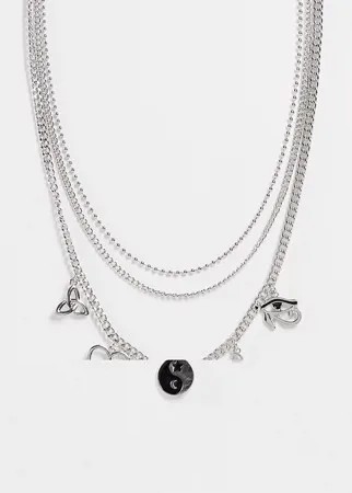 Серебристое ярусное ожерелье-цепочка с подвесками в стиле 90-х ASOS DESIGN-Серебристый
