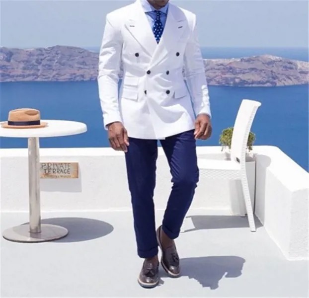 Летний стиль, индивидуальное изготовление, белый пиджак, темно-синие брюки, костюм, блейзер для мужчин смокинг под заказ, мужские свадебные ...