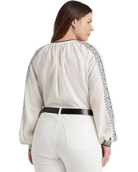 Блуза LAUREN Ralph Lauren Plus Size Embroidered Linen Blouse, цвет White/Black