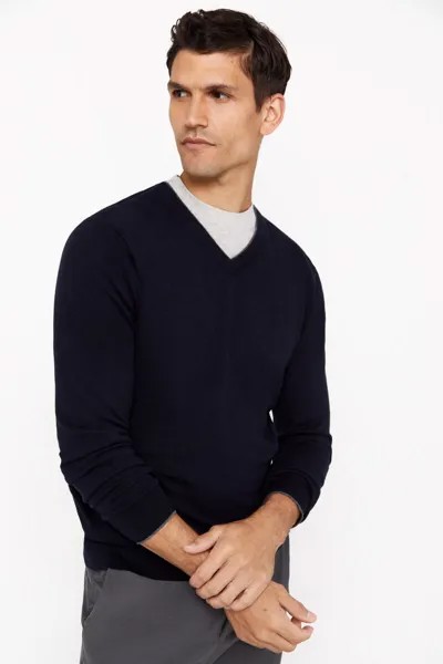 Кашемировый хлопковый свитер с V-образным вырезом Cortefiel, темно-синий