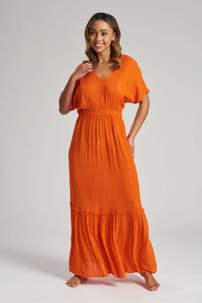 Пляжное платье макси из ткани со сборками и металлизированной отделкой South Beach, оранжевый