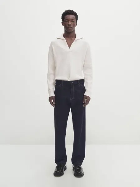 Свитер-Поло из смесовой шерсти в рубчик Massimo Dutti, бежевый
