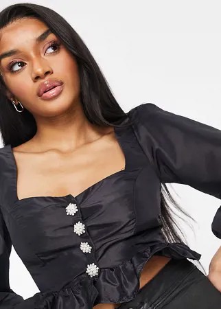 Топ из тафты с длинными рукавами и отделкой стразами на пуговицах ASOS DESIGN Petite-Черный цвет