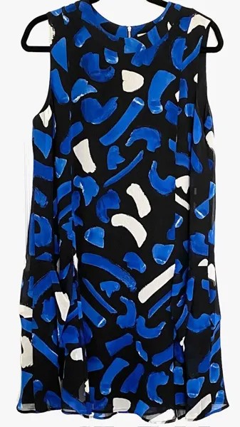 GREY JASON WU Шифоновое платье прямого кроя синего, черного и белого цвета с абстрактным принтом в виде мазков кисти 10