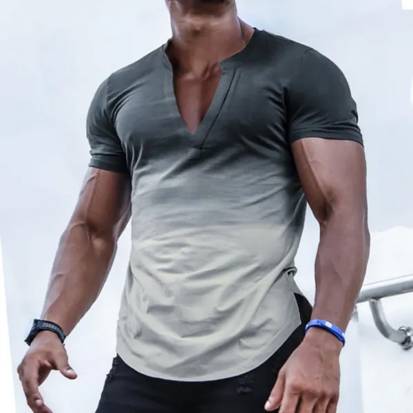 Мужские повседневные тонкие футболки с короткими рукавами спортивные фитнес-беговые дышащие с градиентом с V-образным вырезом топы