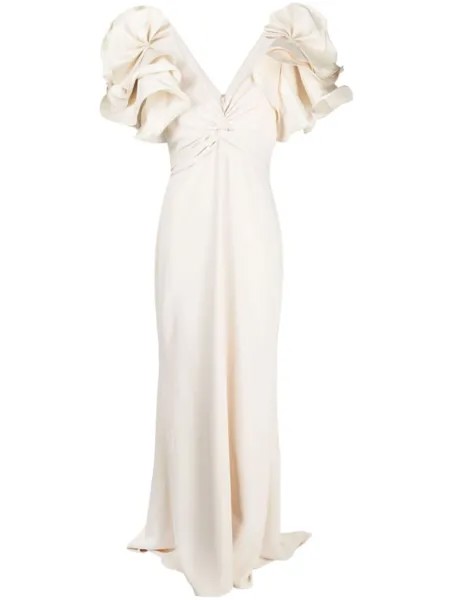 Badgley Mischka длинное платье с оборками, нейтральный цвет